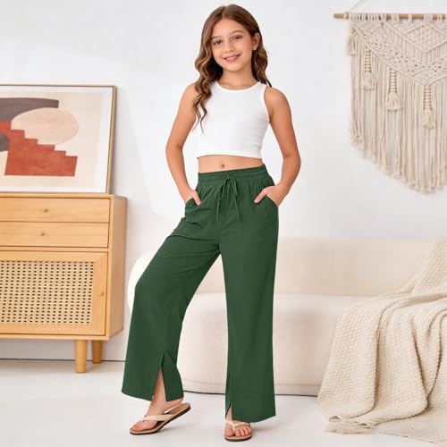 Image of Girls Linen Pants Wide Leg School Uniform Pants Cozy Elastic Waist Summer Casual Beach Lounge Trousers with Pockets