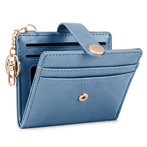 Portefeuille fin pour femme POIUGOYA en cuir ciré bleu azur avec blocage anti-RFID