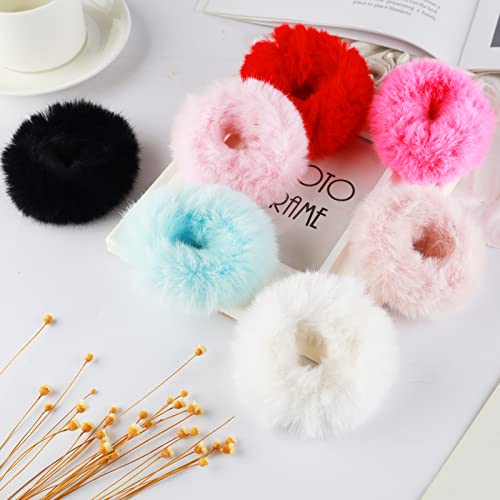 2 Pcs Red Pom Pom Hair Ties Fuzzy Scrunchies Furry Hair Bands With Faux Rabbit Fur Fluffy Elastic Hair Bobbles Ponytail Holders Girls Women Hair Accessories #TOP4