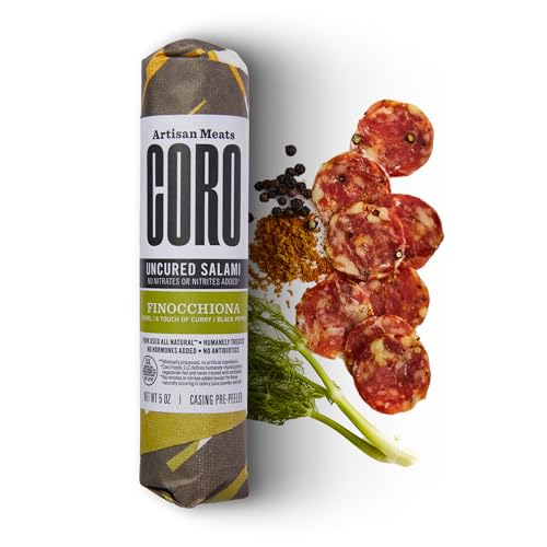 Coro Uncured Finocchiona Artisan Salami Stick – 5oz | Fennel, Black Pepper & Curry | Perfect for Charcuterie Boards, Snacking, Holiday Gifts | All Natural, Gluten-Free, No Added Nitrates & Nitrites