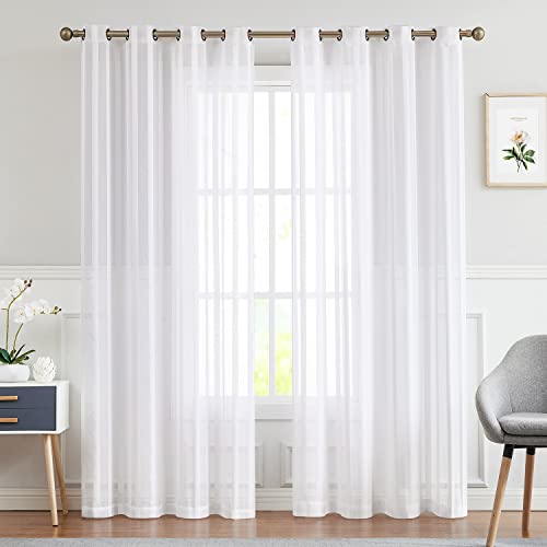 Vangao White Sheer Curtains Stripe Sheer Curtains 84 Inch Length 2 Panels Set Light Filtering Privacy Semi Sheer Voile Curtain Panels For Living Room Bedroom Grommet Top Window Treatments #TOP30