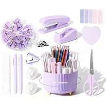 Ovatt Purple Office Desk Accessories, 15pcs Office Supplies 360Pen Holder Desk Organizers and Accessories with Purple Stapler and Tape Dispenser Set, Cute Desk Accessories for Women Gift Set