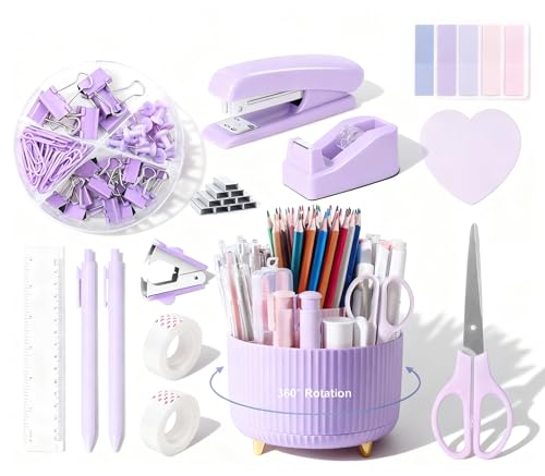 Ovatt Purple Office Desk Accessories, 15pcs Office Supplies 360°Pen Holder Desk Organizers and Accessories with Purple Stapler and Tape Dispenser Set, Cute Desk Accessories for Women Gift Set