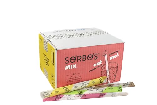 Sorbos Edible Straws, Flavor Mix Variety, Chocolate, Lemon, Lime, Strawberry, Individually Packaged, No PFAS, No Allergens, No Gluten, 7.4 inches long (Pack of 200)
