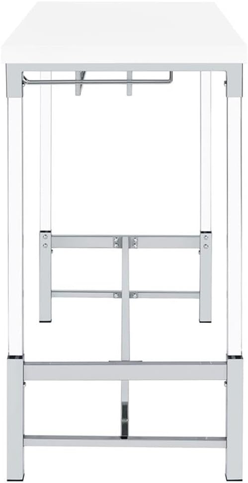 Pemberly Row Wood Pub Height Bar Table, White High Gloss Finish, 47.25 x 22.5 x 42.25 in, Built-in Wine Storage for 6 Bottles, Stemware Racks, Acrylic Legs, Contemporary Home Dining Room Bar Table