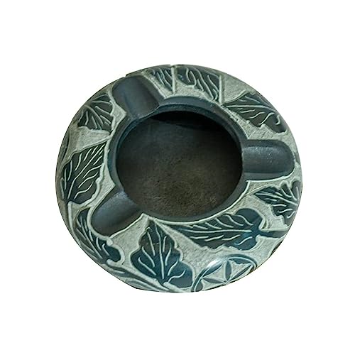 Ajuny Handmade Round Soapstone Ashtray Artisan Crafted 3.5" Green Big Leafdesign - Decorative Marble Ash Storage Home Office Tabletop Stoneware Gift For Smokers #TOP2