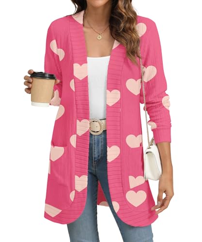 YSYOKOW Women Long Sleeve Open Front Cardigan Casual Lightweight Long Cardigans Loose Knit Outwear with Pockets(A Pink Love Heart, Small)