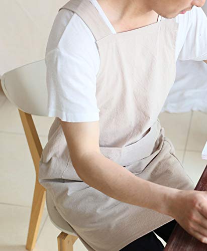 Losofar Women Men Cotton/Linen Japanese Style Cross Back Aprons Pinafore Dress With Two Pockets For Cooking, Housewarming, Daily Chores(Khaki, 24×27.6Inch) #TOP6