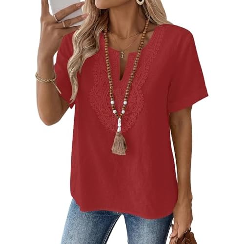 LOMON Womens Short Sleeve Tops Cotton Linen Shirts Loose Casual V Neck Lace Blouses Summer Vacation Clothes Brick Red Large