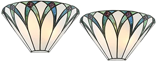 Image of Regency Hill Filton Vintage Tiffany Style Wall Light Sconces Set of 2 Bronze Metal Hardwired 12 1 /4 inch Fixture Blue White Art Glass for Bedroom Bathroom Vanity Living Room Home Hallway Dining