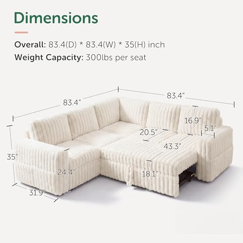 Image of HONBAY Plush Corduroy Modular Sectional Sofa with Pull Out Bed, Convertible L Shaped Couch with Storage,Sleeper Sectional Couches for Living Room,Plush Beige