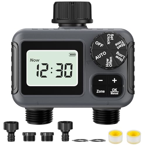 Fizzyo Temporizador de Riego 2 Salidas, Programador de Riego Automático con Retraso por Lluvia/Bloqueo para Niños/Riego Manual, Temporizadores de Mangueras de Jardín para Césped, IPX5 a Prueba de Agua