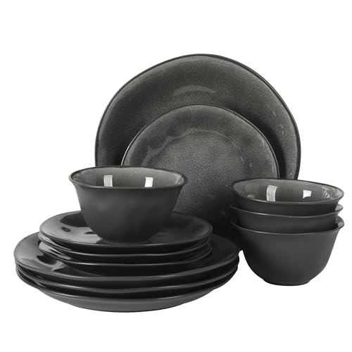 Image of Gibson Elite Port Barton Plates and Bowls Sets, 12-Piece Stoneware Dinnerware Sets, Reactive Glaze Dish Set - Black