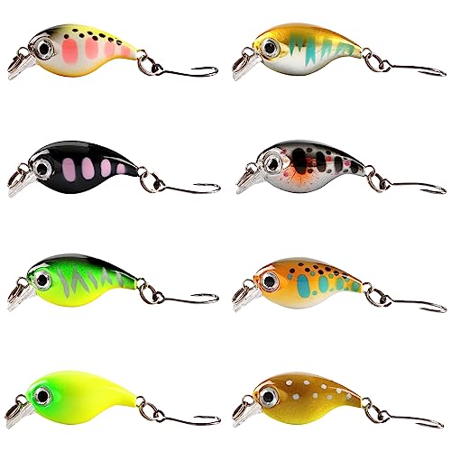 Foto von NAVESO 8 Stück Forellen Wobbler Set, Box und Snaps I Forellenköder Set zum Forellen Angeln, Schwimmend 8 Stück 2g 3cm in Köderbox, 1-2 Meter Tauchtiefe, Mini Wobbler Forelle Barsch Saibling Döbel