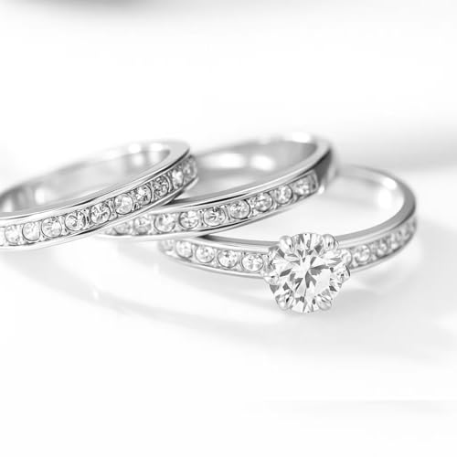 3-Piece Wedding Ring Set for Women with Gift Box, 18K White Gold Plated CZ Engagement Rings, Affordable Promise Bridal Jewelry Gift R3663