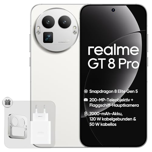realme GT 8 Pro 5G Smartphone, 16+512 GB, Snapdragon 8850, 200MP Teleobjektiv + 50MP Dual-Kamera Mit OIS, 6,78" 2K 144Hz AMOLED Display, 7000mAh Akku, 50W kabellos, Next AI, IP68, Weiß, Mit Adapter