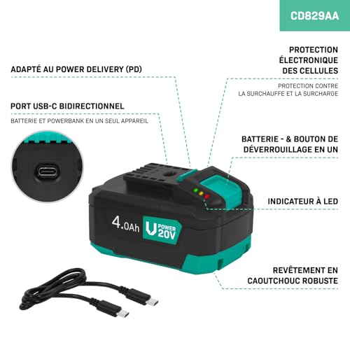 VONROC Batterie 20V - 4.0Ah - Port USB-C bidirectionnel - Batterie et powerbank en Un - Compatible avec Power Delivery (PD) - protégée par la Protection électronique des cellules. – vue 3