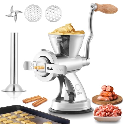 Hanchen Picadora de Carne Manual Acero Inoxidable Embutidora de Salchichas con Ventosa Máquina de Picar Carnecon Discos de Corte de 5/8mm para Cerdo Pollo Ternera Verduras