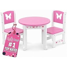 Emily Rose 18 Inch Doll Dining Table and 2 Chairs Set - Pink Butterfly Collection - Compatible with American Girl, Our Generation, My Life As & Adora - Wooden Dollhouse Furniture