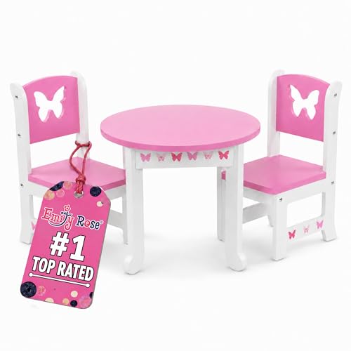 Emily Rose 18 Inch Doll Dining Table and 2 Chairs Set - Pink Butterfly Collection - Compatible with American Girl, Our Generation, My Life As & Adora - Wooden Dollhouse Furniture