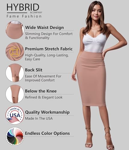 Image of Hybrid & Company Women's Premium Nylon Ponte Stretch High Waist Pencil Suit Skirt Below Knee