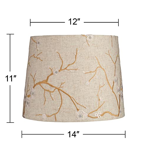 Beige Plum Flower Embroidery Medium Drum Lamp Shade 12" Top X 14" Bottom X 11" Slant (Spider) Replacement With Harp And Finial - Springcrest #TOP3