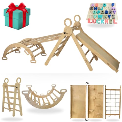 Lucknel® Montessori zestaw do wspinaczki 5 w 1 – trójkąt piklera, łuk wspinaczkowy, siatka do wspinaczki i zjeżdżalnia – plac zabaw dla dzieci od 2+ z dwustronną rampą i drewnianymi puzzlami ABC jako