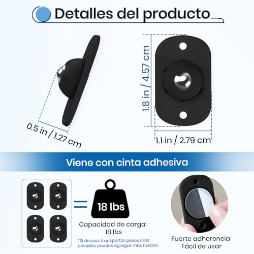 TRVL FIELDER Minirruedas autoadhesivas para utensilios de cocina, ruedas universales giratorias de 360°, ruedas adhesivas para bricolaje, cubo de basura, caja de almacenamiento (8, negro) - imagen 2