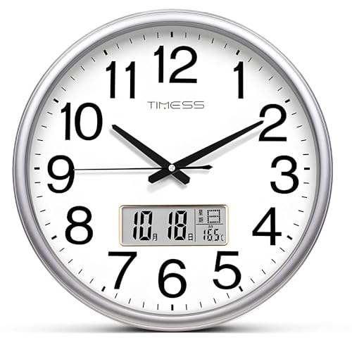 Wall Clock, 11 Inch Non-Ticking Silent Battery Operated Quartz Analog with LCD Display for Perpetual Calendar and F° Temperature, Ideal Modern Home, Bedroom, Kitchen, Office Décor (Sliver)