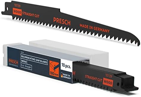 Presch Reciprocating Saw Blades Wood 210mm 10 pcs - Cut 6-180mm - Saw Blades Reciprocating Saw for Wood PVC Pipes etc. - Universal Shank Sabre Saw Blades Set incl. Box