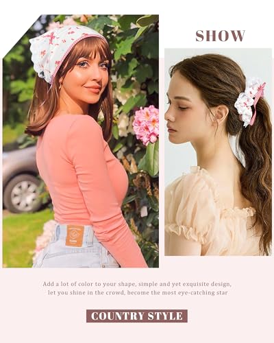 Molans 3Pcs Floral Hair Bandanas Scarf for Women, Chiffon Head Scarf Kerchief with Scrunchie(Strawberry)3