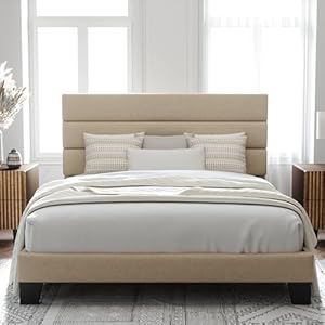 Allewie Full Size Platform Bed Frame with Fabric Upholstered Headboard and Wooden Slats Support, Fully Upholstered Mattress Foundation/No Box Spring Needed/Easy Assembly, Beige