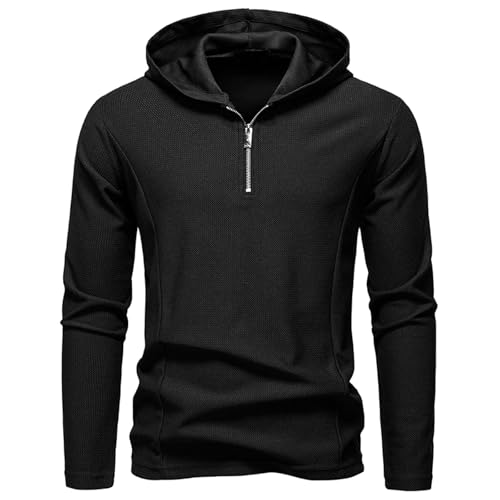 MakingDa Quarter Zip Hoodie Men Long Sleeve Waffle Summer Light Thin Breathable Casual Running Gym Sports 1/4 Zipper Hooded Jumper Tops-Black-M