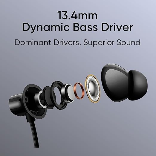 Image of Buds Wireless 3 Neo Compatible with Realme Bluetooth Neckband, 13.4mm Dynamic Bass Driver, 32H Playback, Fast Charge, AI ENC, 45ms Low Latency, IP65 (Black) (RUSH098)