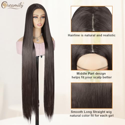 Image of Creamily Long Straight Brown Wig For Women Glueless Synthetic Wig Middle Part 40 Inches,Natural Looking Hair Wig For Woman For Cosplay Daily Wear