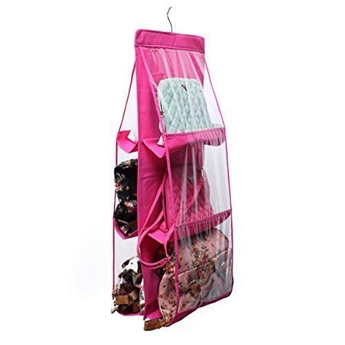 Lexazo 6 Pocket Large Clear Purse Handbag Hanging Storage Bag Organizer Closet Tidy Closet Organizer Wardrobe Rack Hanger Holder for Fashion Handbag Purse Pouch, Hanging Pouch for Purse Bag - 1 Piece