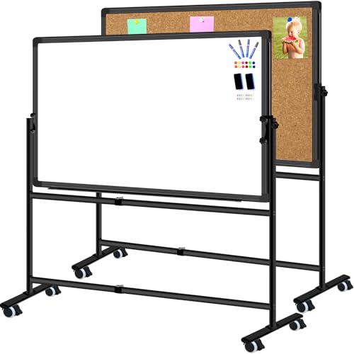 Max-officoo 40x30 Double Sided Moblie Magnetic Dry Erase Board on Rolling Wheels, Height Adjustable & Angle Corkboard and Whiteboard with Stand