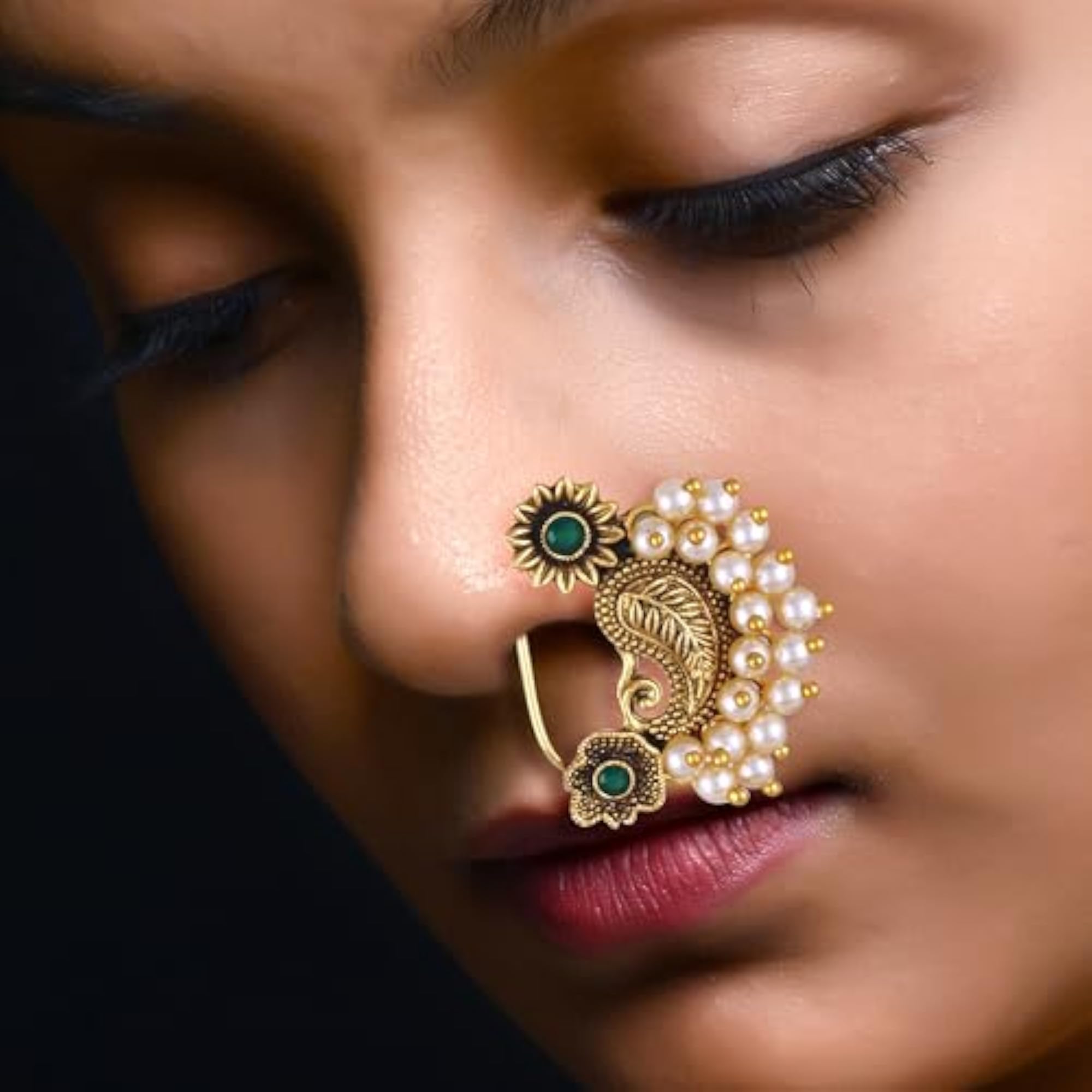 Women's Gold Plated Pearls Mayur Pankh Nose Pin