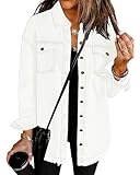 Vetinee Women's Lightweight Jacket Women Oversized Boyfriend Brilliant White Front Button Up Frayed Raw Hem Long Sleeve Pockets Denim Jean Jacket Shacket XX-Large Size 20 Size 22