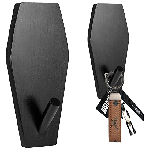 Gothvanity Coffin Key Holder for Wall 4 Pack - Multifunctional Wall Hooks - Gothic Decor for Kitchen Bathroom Living Room or Bedroom- Wood - 5 x 2.5 Inches - Black -Spooky Gifts