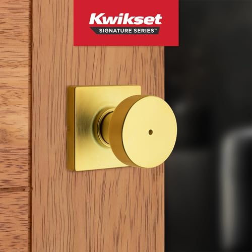 Image of Kwikset Pismo Interior Privacy Door Knob with Lock, Door Handle for Bathroom and Bedroom, Satin Brass, Square, Keyless Turn Lock Doorknob