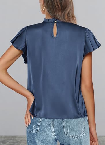PRETTYGARDEN Business Casual Tops for Women Blouses Dressy 2025 Summer Short Sleeve Ruffle Satin Work Office Attire2