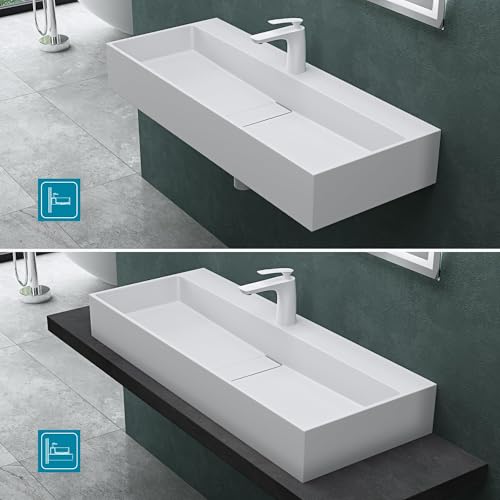 Mai & Mai Waschbecken Aufsatzwaschbecken Hängewaschbecken aus Mineralguss 120x40x14cm in Weiß matt mit Armaturloch Col6028