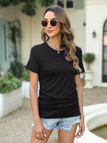 Womens Ruched Tops Short Sleeve T Shirts Crewneck Slim Fitted Top Casual Spring Summer Trendy Clothes 20252