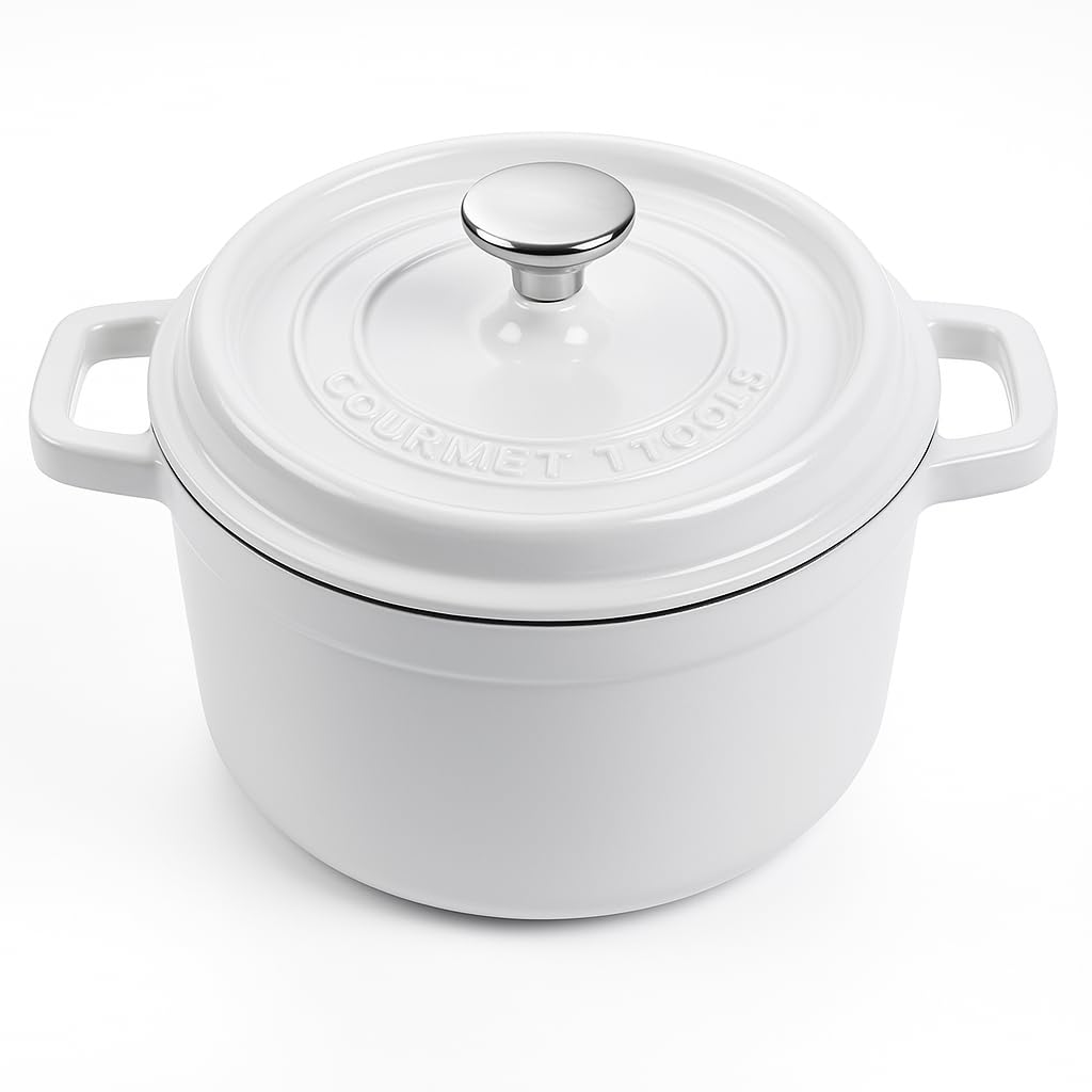 Runder Kochtopf aus Gusseisen mit glasierter Keramikbeschichtung, Cocotte mit Deckel. Gourmet Tools (weiß, 24 cm)