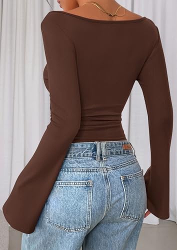 Image of PRETTYGARDEN Women Long Sleeve Shirt 2025 Crop Casual Boat Neck Bell Sleeve Ribbed Ruched Y2K Clothing
