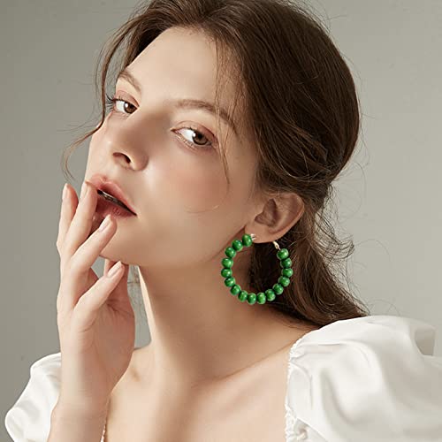 Handmade Nature Wooden Beaded Hoop Earrings Bohemian Minimalist Colorful Circle Round Wood Bead Earrings Vintage Chic Wooden Ethnic Dangle Drop Earrings For Women Girls Statement Jewelry Gifts (Green) #TOP4