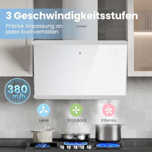 COMFEE' CH60J64ET4A2W A++ Dunstabzugshaube 60 cm, Kopffreihaube 60cm Umluft und Abluft, 380m³/h Luftstrom, Edelstahl/Glas Design mit Touchscreen, LED, Abzugshaube inkl. Kohlefilter, Weiß
