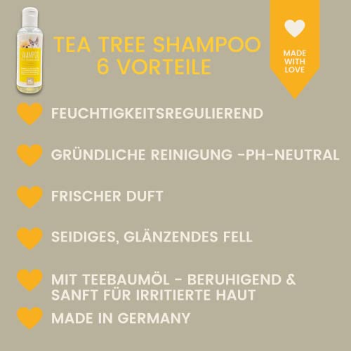 Tea Tree Shampoo Hund Katzen 250ml – mildes Hundeshampoo mit Teebaumöl pH-neutral I Glanzshampoo für Fell & Langhaar I Katzenshampoo für empfindliche Haut & Juckreiz I Fellpflege für Hund & Katze