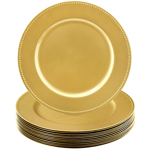 Okllen 12 Pack Plastic Gold Charger Plates 13 Round Beaded Charger Plates for Wedding Catering Event Tabletop Decor